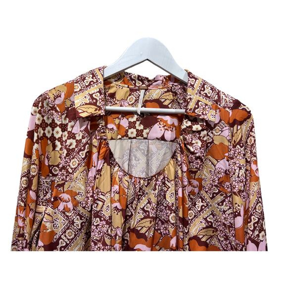 Free People Top Womens XS Satin Warm Tone Floral Print U-Neck Collared Blouse - Picture 6 of 13